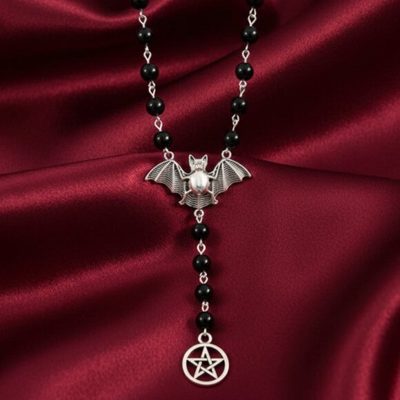 Goth Bat Rosary Style Witchy Vampire Victorian Pentagram Fashion Necklace NWOT - Picture 6 of 9